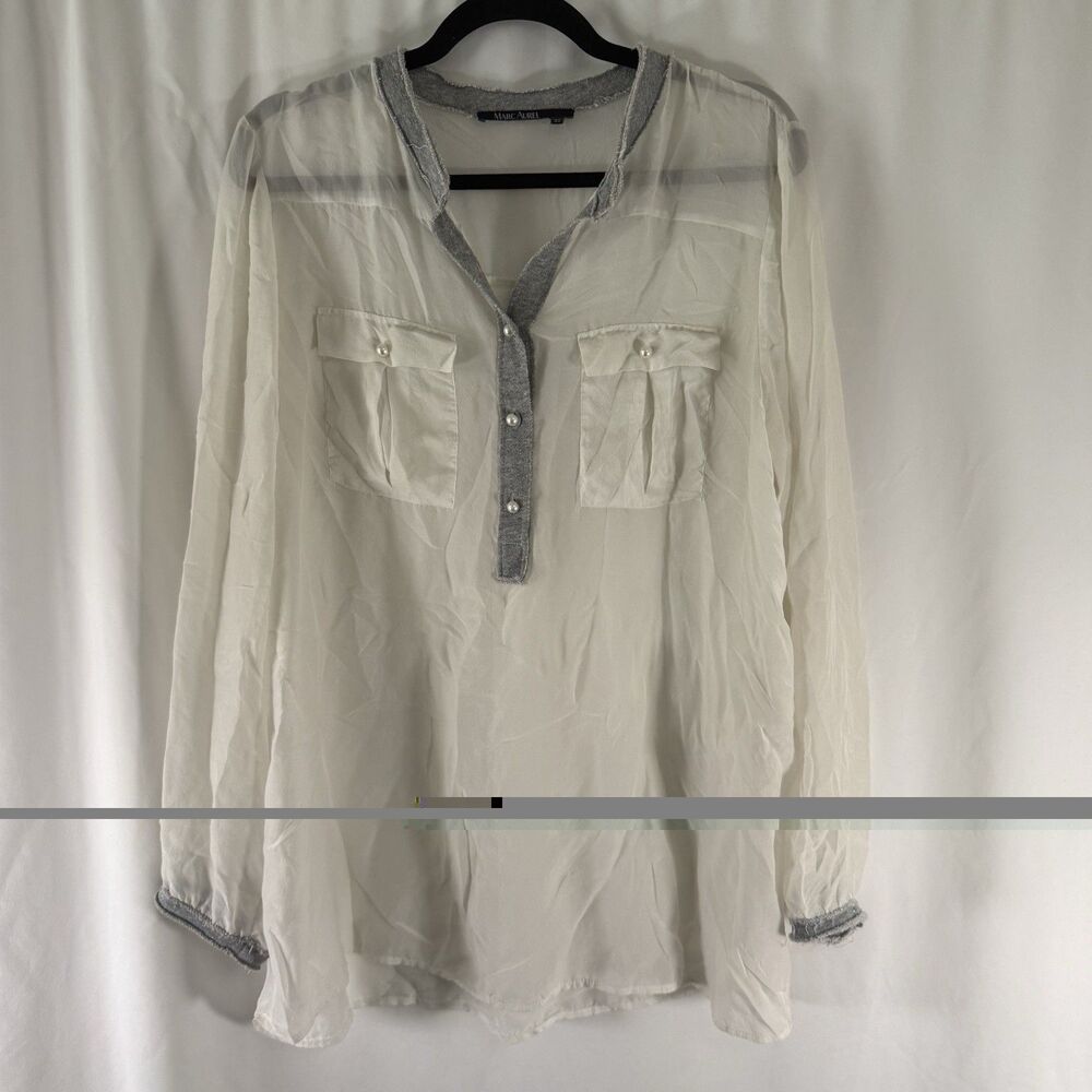 Marc Aurel Blouse Women's 42 White Sheer Long Sleeve 1/4 Button Lightweight